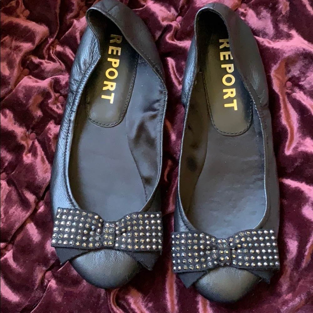 Report, leather, embellished bow ballet flat